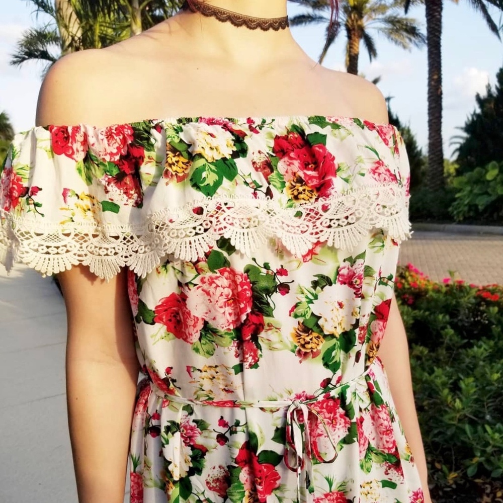 Red Floral Crochet Ruffle Off the Shoulder Dress